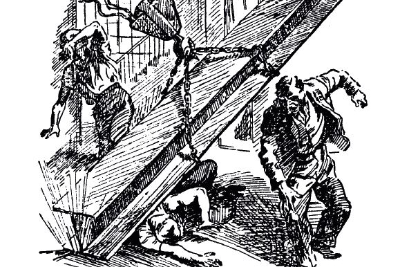 Zeichnung mit dem Schriftzug "Unter schwebenden Lasten lauert der Tod"